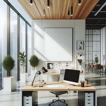 A desk with a computer and a picture frame in a Room with a mockup poster empty white and with windows used for printing attractive harmony art.