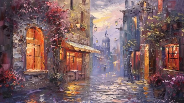 sunset in old urban city street alley from 1800s oil painting
