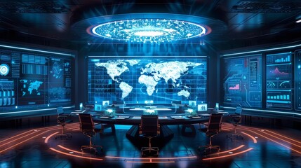 interior of a futuristic secret military base with a large round table in the center and a world map displayed on the wall.
