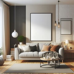 A living Room with a mockup poster empty white and with a couch and a picture frame art image art card design.