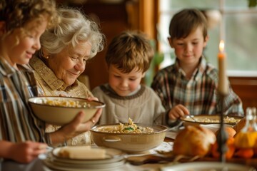 A nostalgic image of a grandmother serving homemade chicken noodle soup to her grandchildren