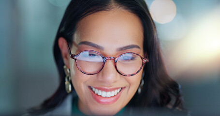 Desktop, glasses and business woman in the office doing research for legal corporate project. Smile, vision and professional female attorney working on a law case with computer in modern workplace.