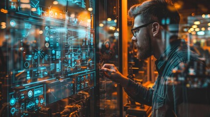 Man analyzing digital data on a high-tech screen in a futuristic laboratory setting.
