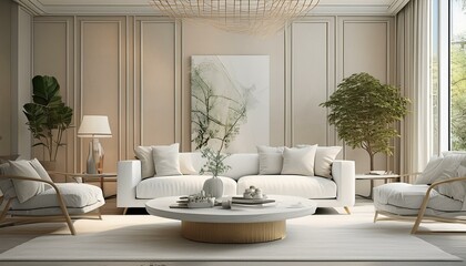 Modern home living room interior with white sofa and coffee table with decor, 3d render