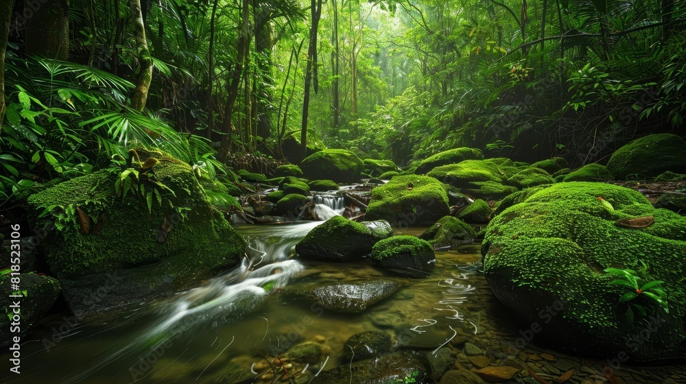 Wall mural serene forest stream winding through mossy rocks lush jungle setting isolated on white