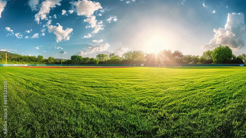 Wall mural sunlit baseball diamond on grassy field outdoor sports stadium panorama photo