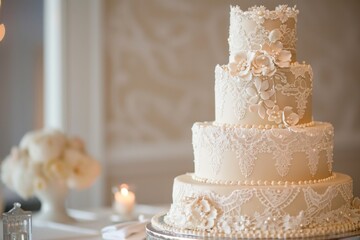 A vintage-inspired wedding cake with lace and pearl accents, evoking old-world romance and timeless elegance