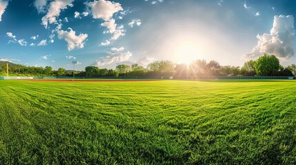sunlit baseball diamond on grassy field outdoor sports stadium panorama photo