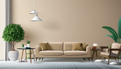 Beige room interior, living room interior mockup, empty beige wall, 3d rendering