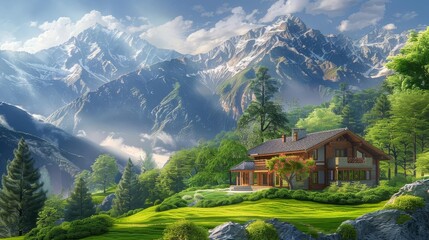 serene mountain retreat ai generated idyllic house nestled in lush green landscape with majestic peaks in background digital painting