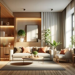 A living Room with a mockup poster empty white and with a couch and a coffee table art card design meaning attractive art.