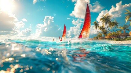 Water sports and adventure sports along a tropical beach, promoting outdoor sports equipment and lifestyle