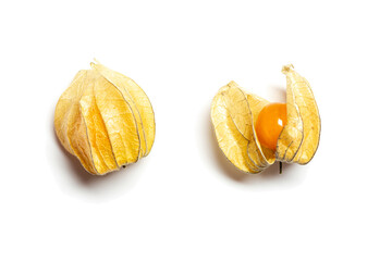 Collection of physalis berries or golden berry isolated on white background. Physalis fruit food