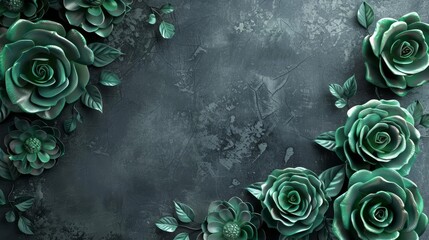 intricate floral fantasy frame with lush green roses on dark concrete background 3d illustration