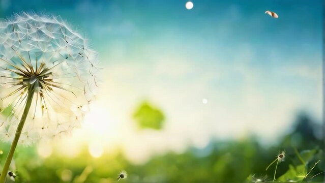 Abstract blurred nature background dandelion seeds parachute.