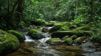 serene forest stream winding through mossy rocks lush jungle setting isolated on white
