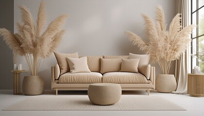 Scandinavian style living room interior mock up, modern living room interior background, beige sofa and pampas grass, 3d rendering
