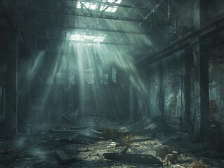 abandoned warehouse, sunbeams through cracks, eerie , hyper detailed