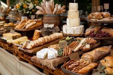 A rustic-chic wedding buffet with a variety of breads, cheeses, and artisanal spreads