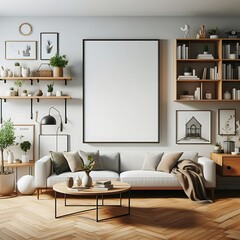 A living Room with a mockup poster empty white and with a couch and shelves art meaning harmony attractive.