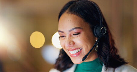Call center, smile and woman consulting at night in office for customer service, CRM advisory or...