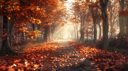 cozy autumn forest pathway, fallen leaves, soft light , 3D render