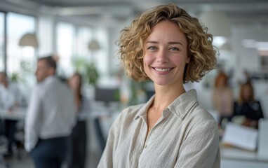 Fototapeta premium Portrait of happy Portrait of young woman smiling standing in modern office space.
