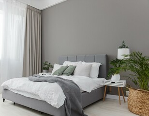 modern bedroom interior in gray tones, bedroom mock up, 3d rendering