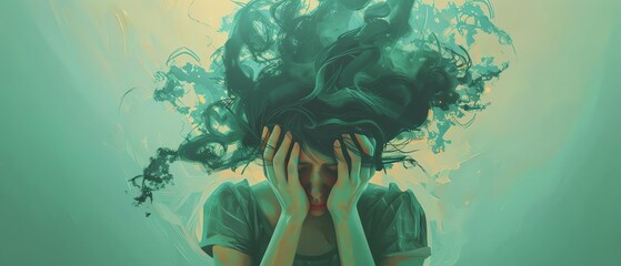 Artistic portrayal of a woman's emotional turmoil, hands covering her face, with swirling hair and abstract background in green tones.