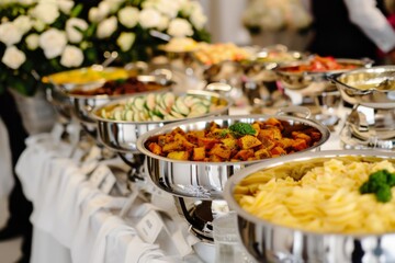 A wedding buffet with a variety of international cuisines, beautifully arranged in chafing dishes