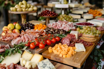 A wedding buffet with a cheese and charcuterie station, featuring an assortment of cheeses, meats,...