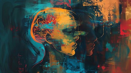 Abstract painting of human faces and brain, blending vibrant colors and textures, symbolizing creativity and thought process.