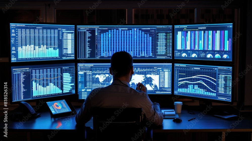 Poster worker looking at customer behavior chart while analyzing at computer and planning marketing strateg