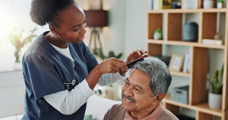 Living room, elderly man and nurse with comb for hair care, grooming or support in nursing home....