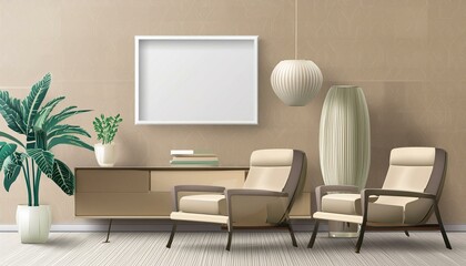 Fototapeta premium poster picture blank frame in modern home interior, beige tones, modern design armchair and furniture, 3d render
