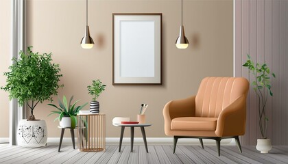 poster picture blank frame in modern home interior, beige tones, modern design armchair and furniture, 3d render