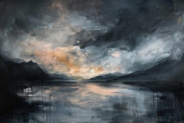 Abstract painting of a dramatic sky over a calm lake surrounded by mountains, with a mix of dark clouds and soft light.