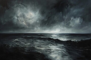 Dramatic stormy seascape with dark clouds and rough ocean waves, showcasing the power and beauty of nature's fury.