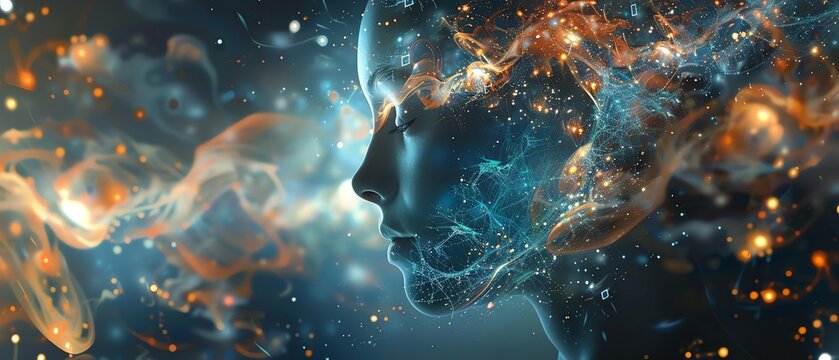 Surreal digital art of a human face blending with cosmic elements, representing artificial intelligence and dreamlike imagination.