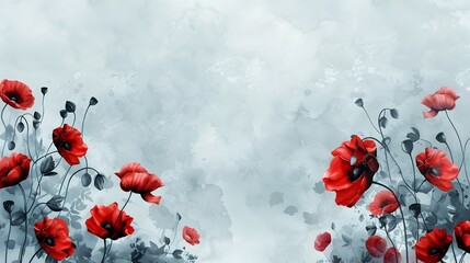 Vibrant Poppy Blossoms on Watercolor Invitation Background in Minimalist Design