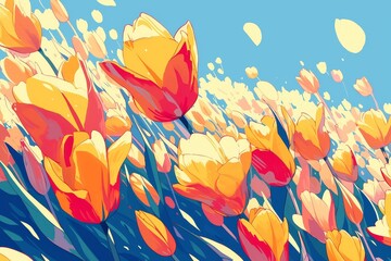 Tulips swaying in a field, their colorful blooms and leafy stems repeating in harmony.