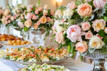 An elegant wedding buffet display with a variety of gourmet appetizers and floral arrangements