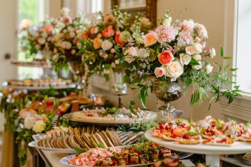 An elegant wedding buffet display with a variety of gourmet appetizers and floral arrangements