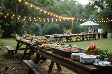 An outdoor wedding buffet with barbecue stations, picnic-style tables, and string lights