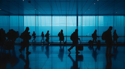 Deep Blue Silhouettes of Travelers Waiting at Airport Terminal