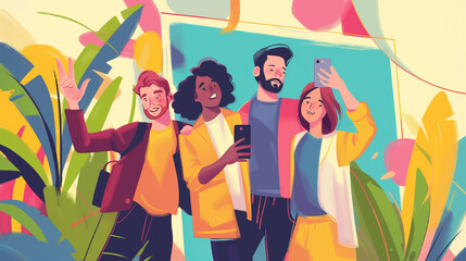 A group of coworkers taking a selfie at a team-building retreat with fun activities in the background, coworkers selfie, hd, whimsical team-building concept with copy space