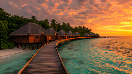 Serene Tropical Paradise: Luxurious Overwater Bungalows Amidst a Breathtaking Sunset View