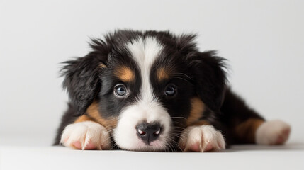 Black, white, and brown Australian Shepherd puppy with white background, AI Generative