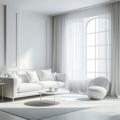 A white living Room with a mockup poster empty white and with white curtains and a couch realistic has illustrative card design used for printing meaning.