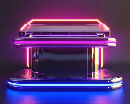 The podium is made of metal and glass, with a black and silver color scheme - Powered by Adobe